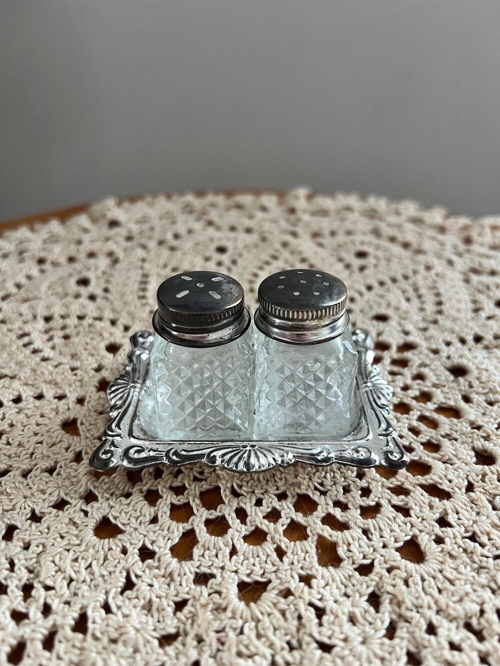 Vintage Silver Plated Salt Pepper Shakers with Tray | Retro Kitchen Decor